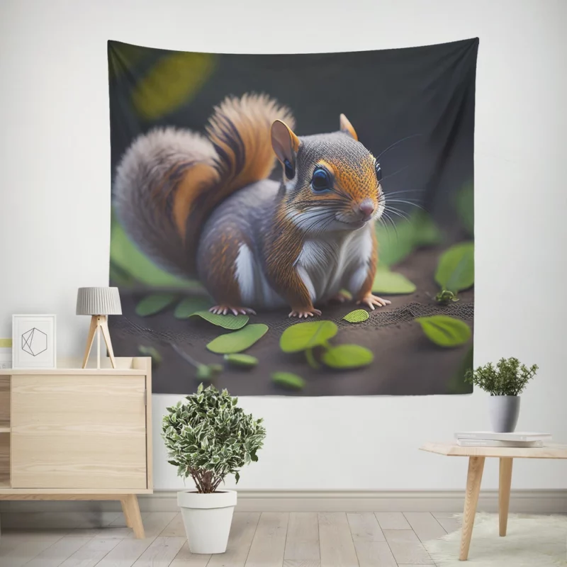 Squirrel with Bushy Tail Amid Leaves Wall Tapestry