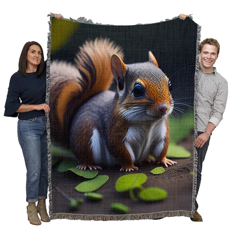 Squirrel with Bushy Tail Amid Leaves Woven Blanket