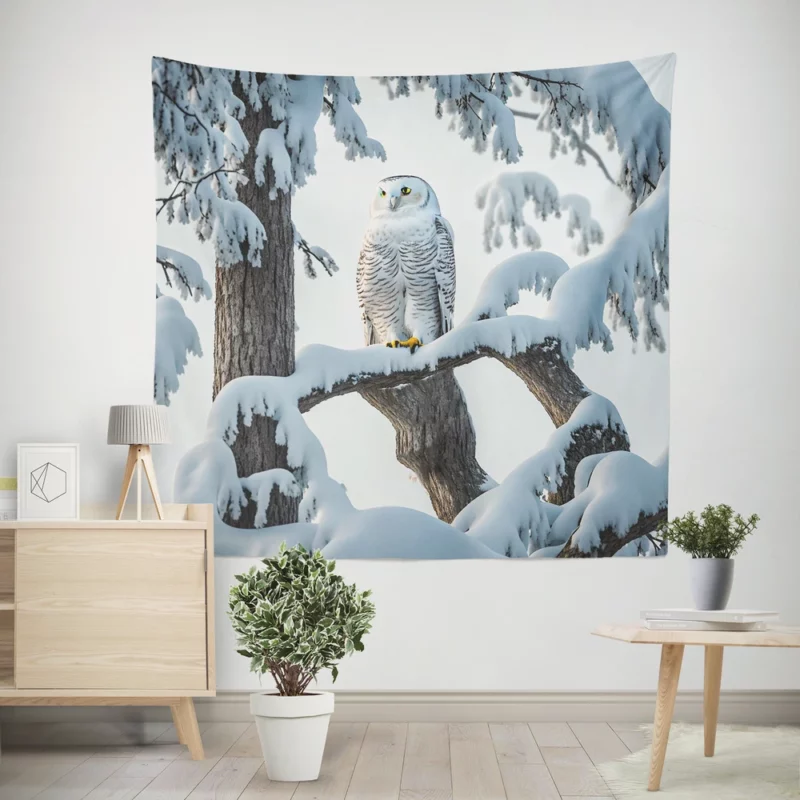 Stealthy Snowy Owl on Branch Wall Tapestry