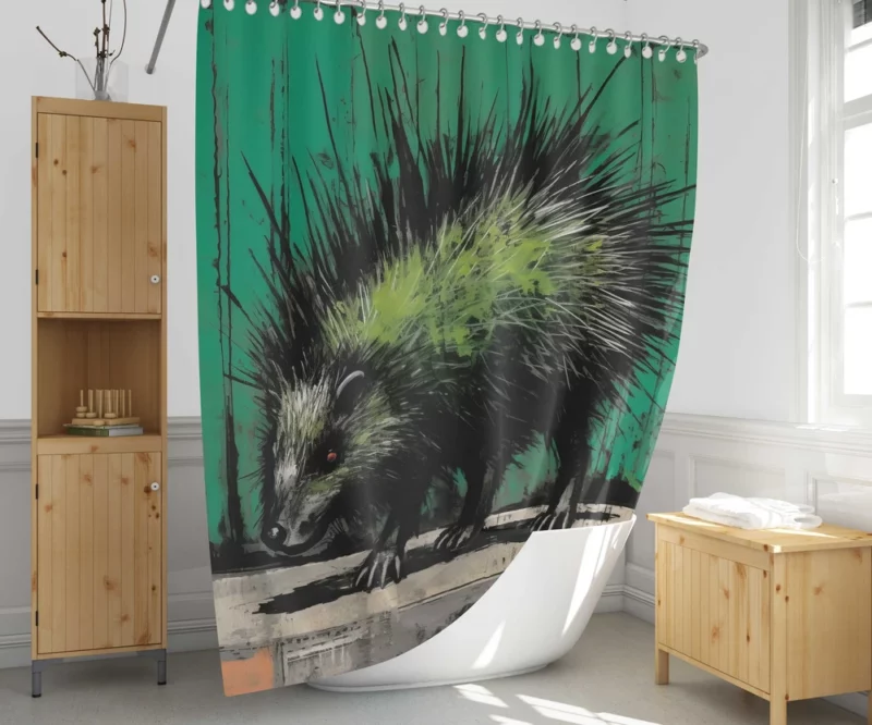 Steampunk-Styled Green Porcupine Painting Shower Curtain 1