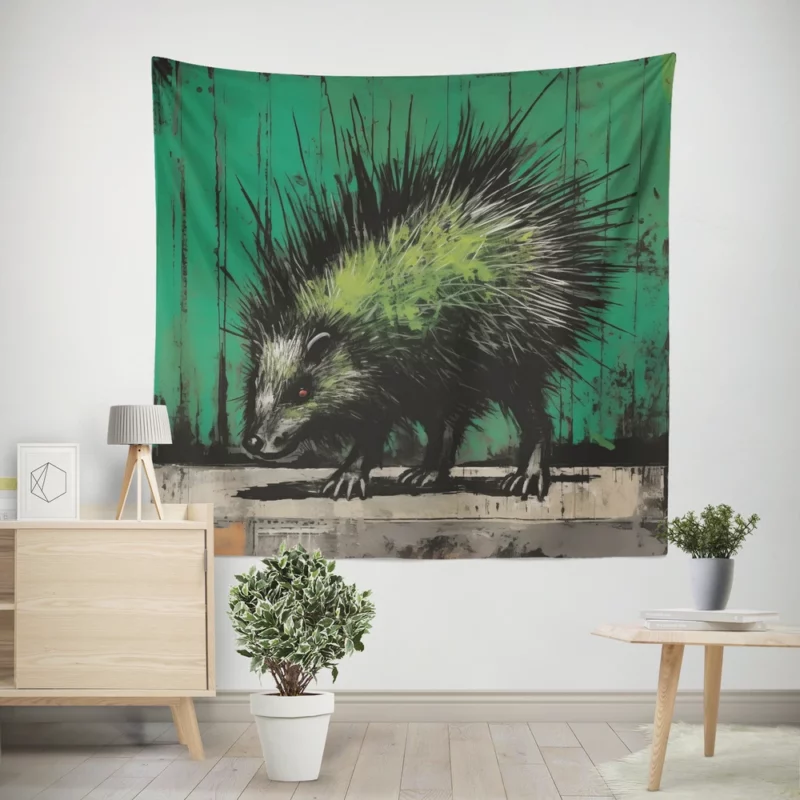 Steampunk-Styled Green Porcupine Painting Wall Tapestry