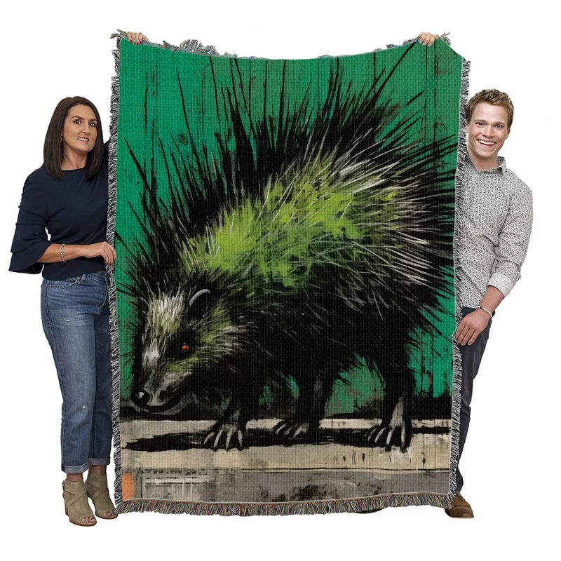 Steampunk-Styled Green Porcupine Painting Woven Blanket