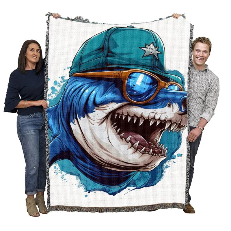 Stylish Shark in Hat and Sunglasses Woven Blanket