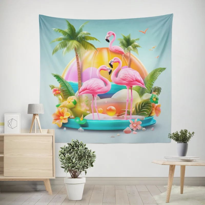 Summer Flamingos Illustration Wall Tapestry