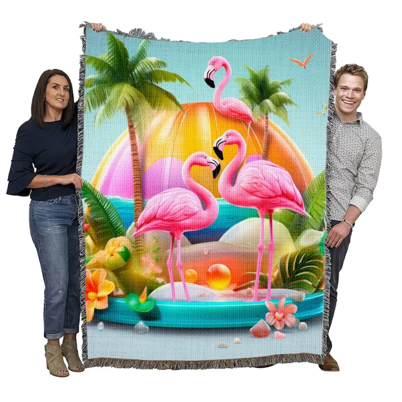 Summer Flamingos Illustration Woven Blanket