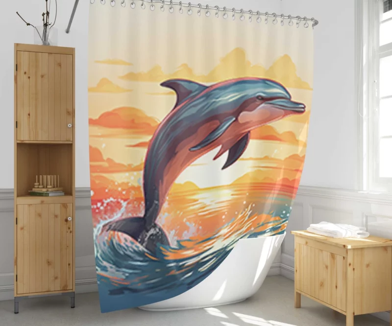 Sunset Dolphin Silhouette Shower Curtain 1