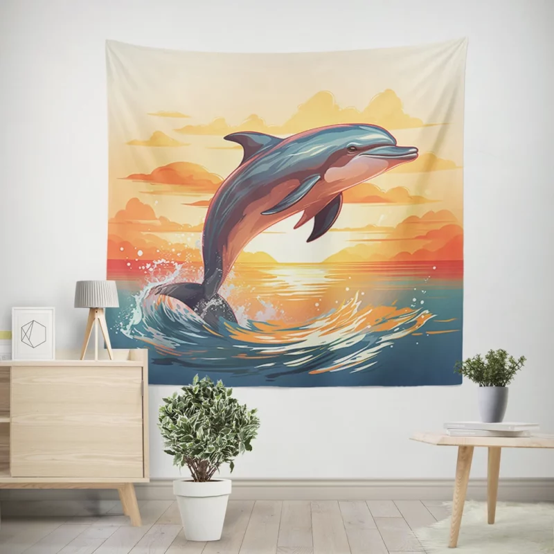 Sunset Dolphin Silhouette Wall Tapestry