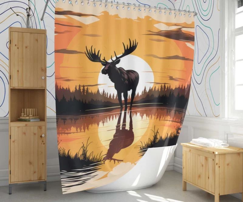 Sunset Moose Among Trees Shower Curtain 1