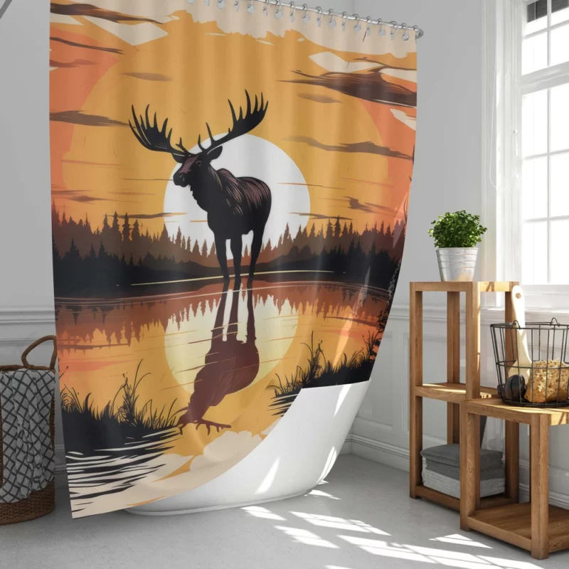 Sunset Moose Among Trees Shower Curtain