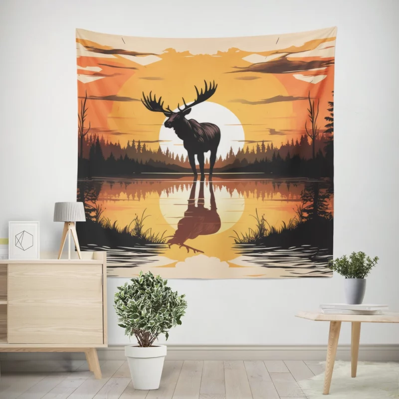 Sunset Moose Among Trees Wall Tapestry