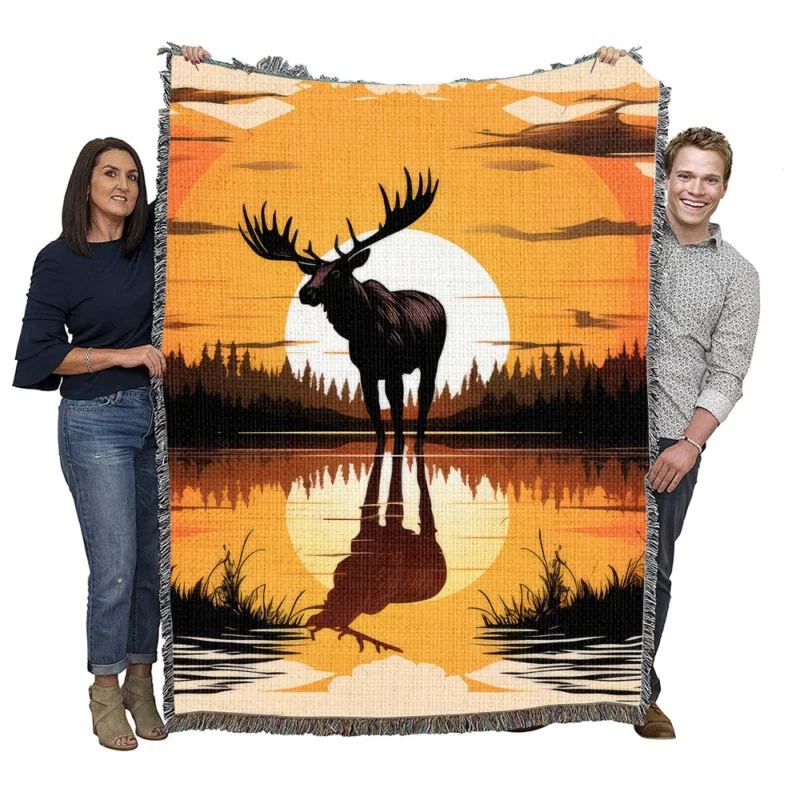Sunset Moose Among Trees Woven Blanket