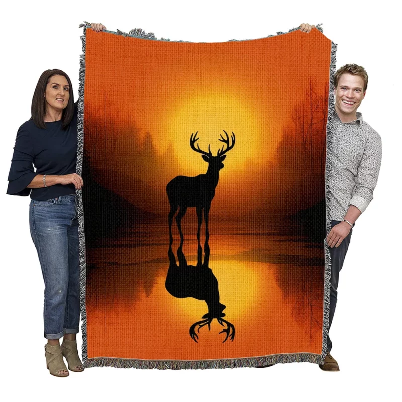 Sunset Over African Plains Antelopes Silhouetted Woven Blanket