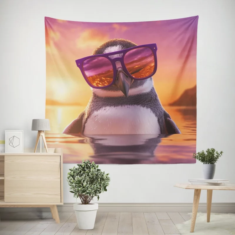 Sunset Penguin Portrait Wall Tapestry