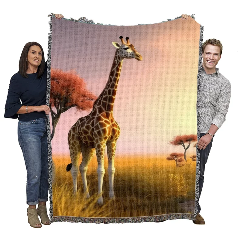 Sunset Silhouette of a Giraffe Woven Blanket