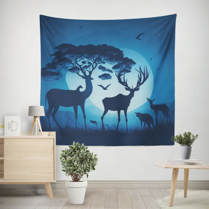 Sunset Silhouettes Animals Interact Wall Tapestry