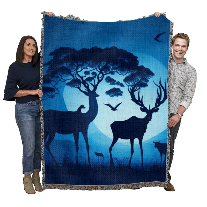 Sunset Silhouettes Animals Interact Woven Blanket