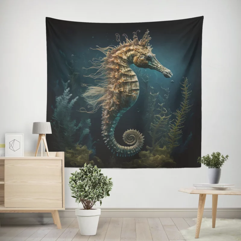 Swimming Seahorse AI Art Wall Tapestry