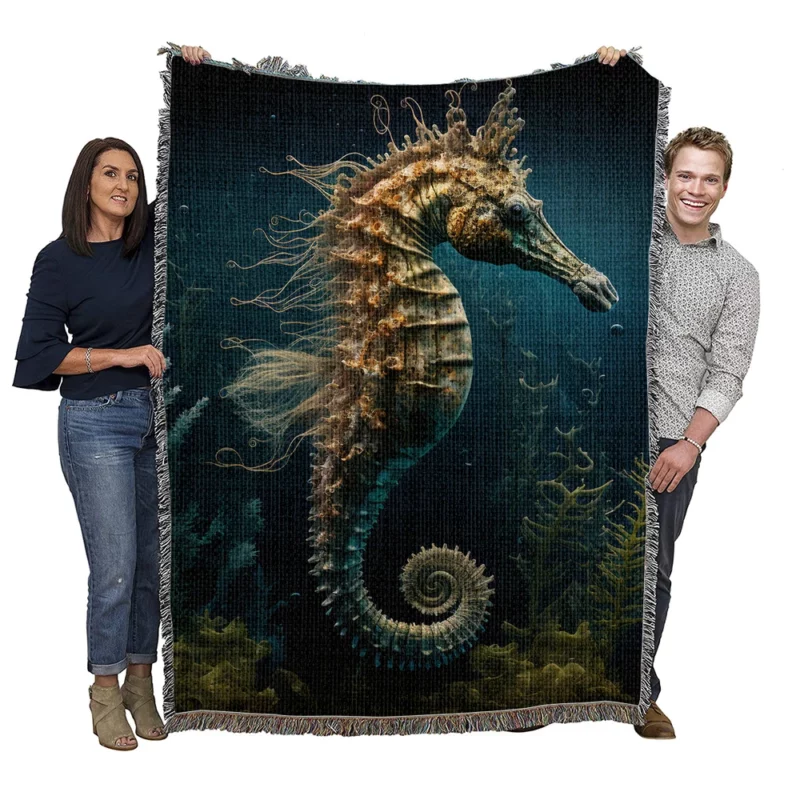 Swimming Seahorse AI Art Woven Blanket