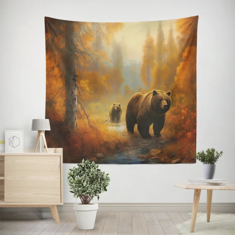 Two Bears by a Forest Stream Wall Tapestry