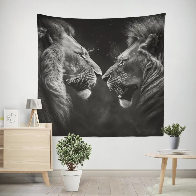 Two Lions Fighting Portrait Wall Tapestry