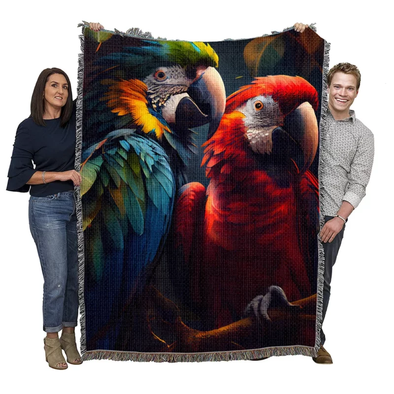Two Macaws in Forest Painting Woven Blanket