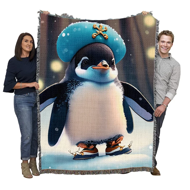 Two Penguins on the Beach Woven Blanket