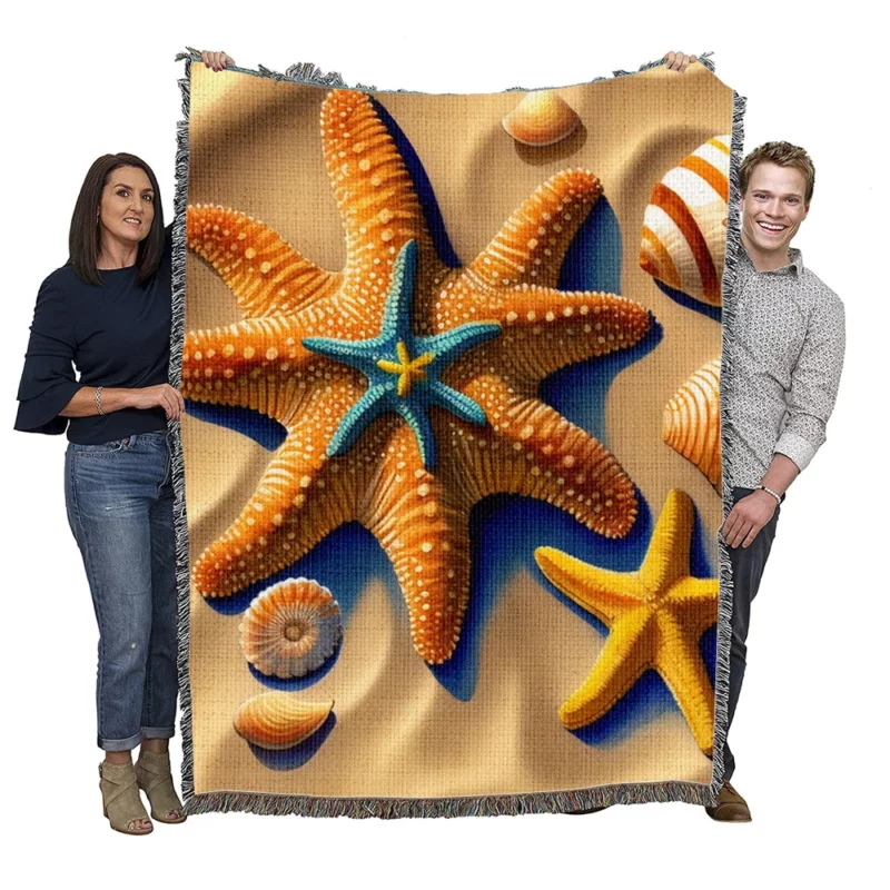 Vibrant Beach Starfish Art Woven Blanket