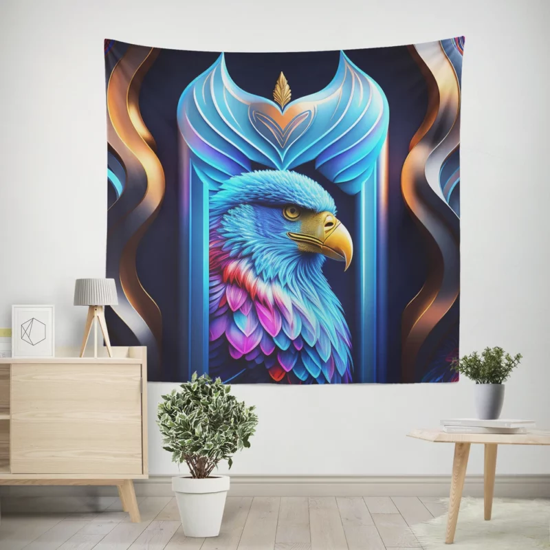 Vibrant Bird on Blue Background Wall Tapestry