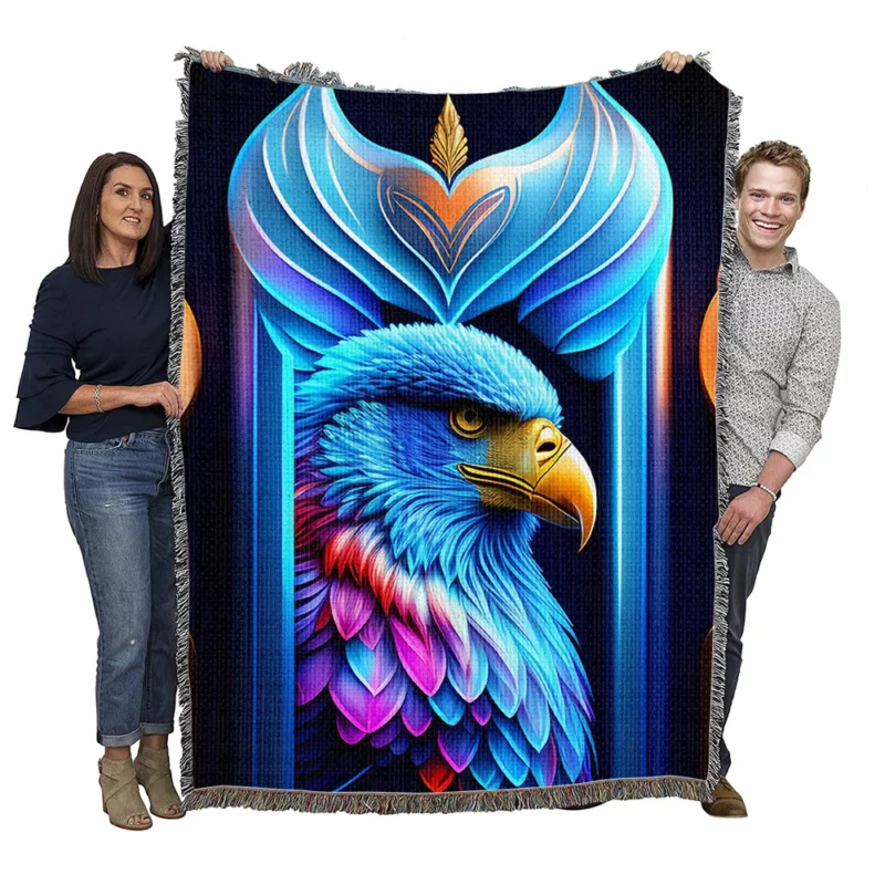 Vibrant Bird on Blue Background Woven Blanket