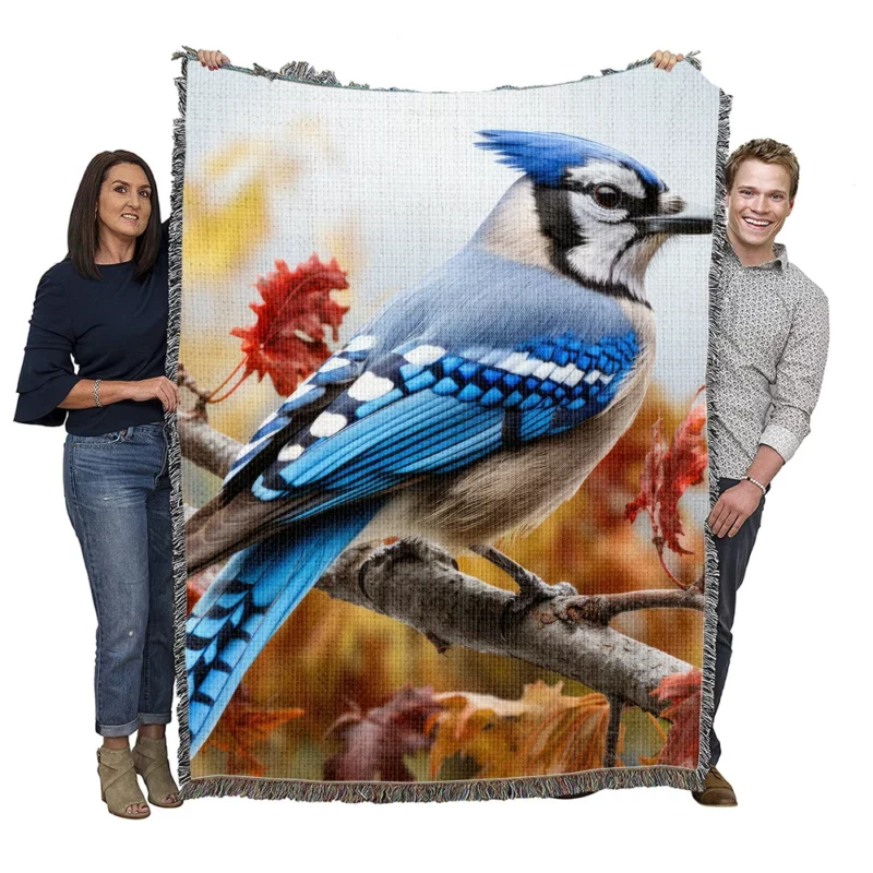 Vibrant Blue Jay Portrait Woven Blanket