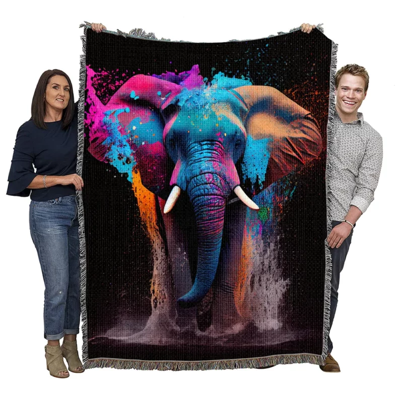 Vibrant Elephant Splash Art Woven Blanket