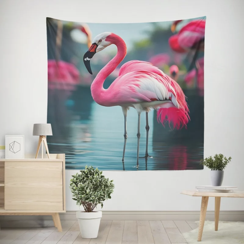 Vibrant Flamingo in Water Wall Tapestry