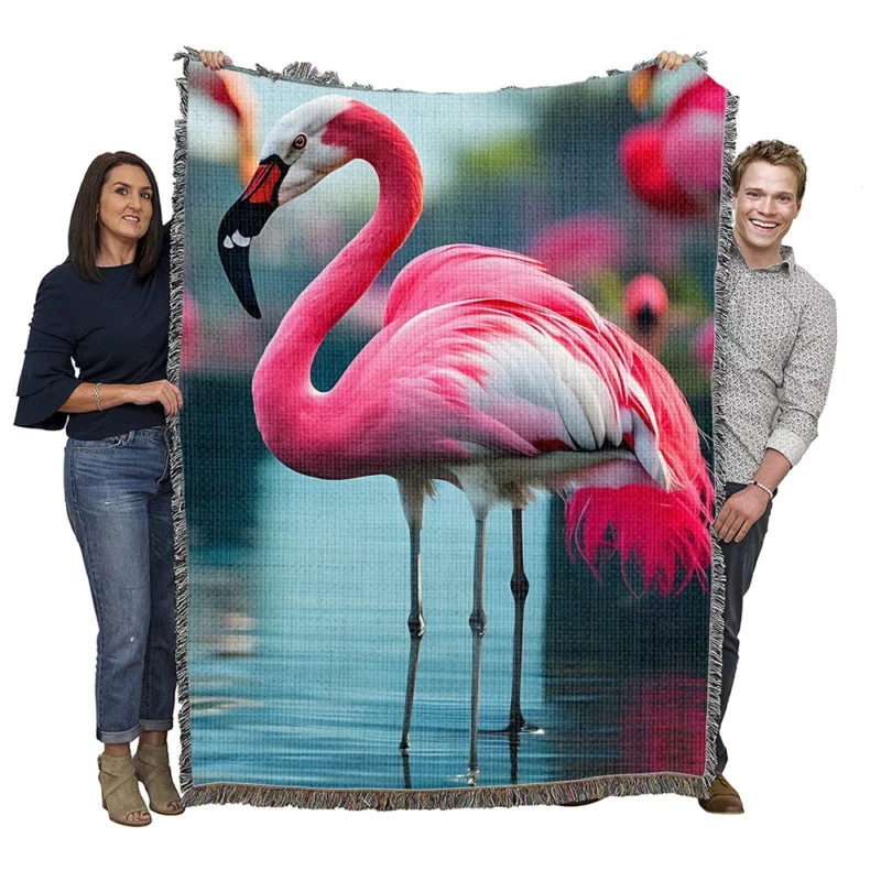 Vibrant Flamingo in Water Woven Blanket