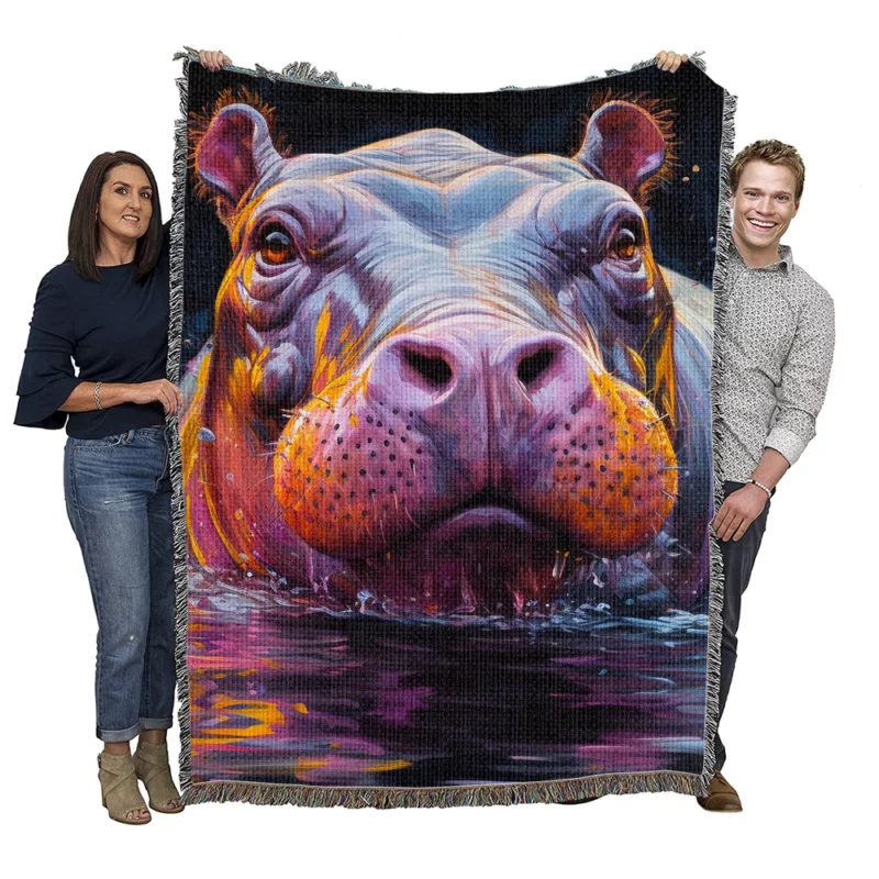 Vibrant Hippo Painting Woven Blanket