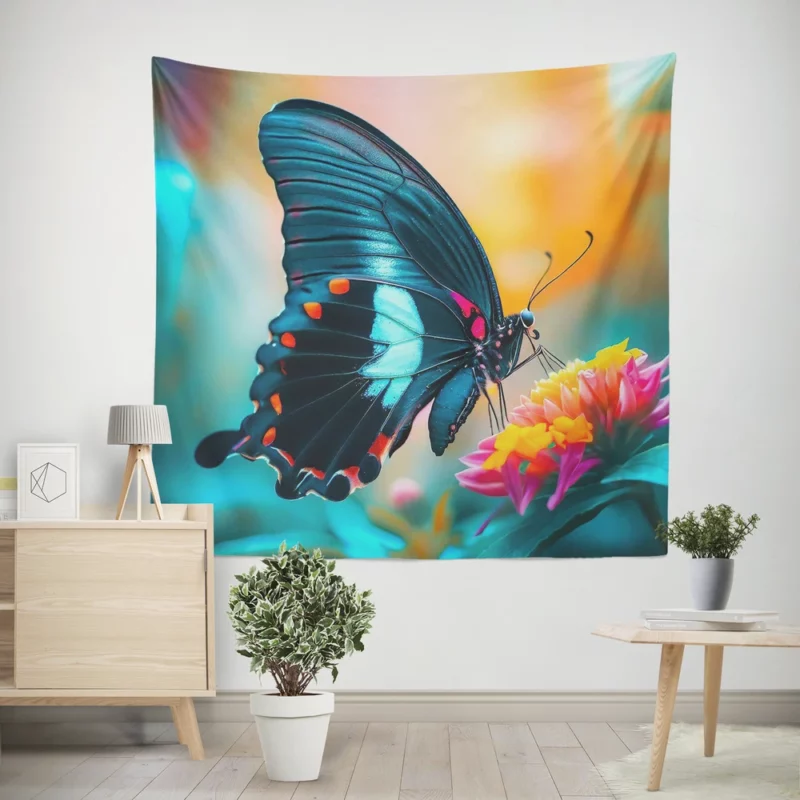 Vibrant Neon Blue Butterfly Wall Tapestry