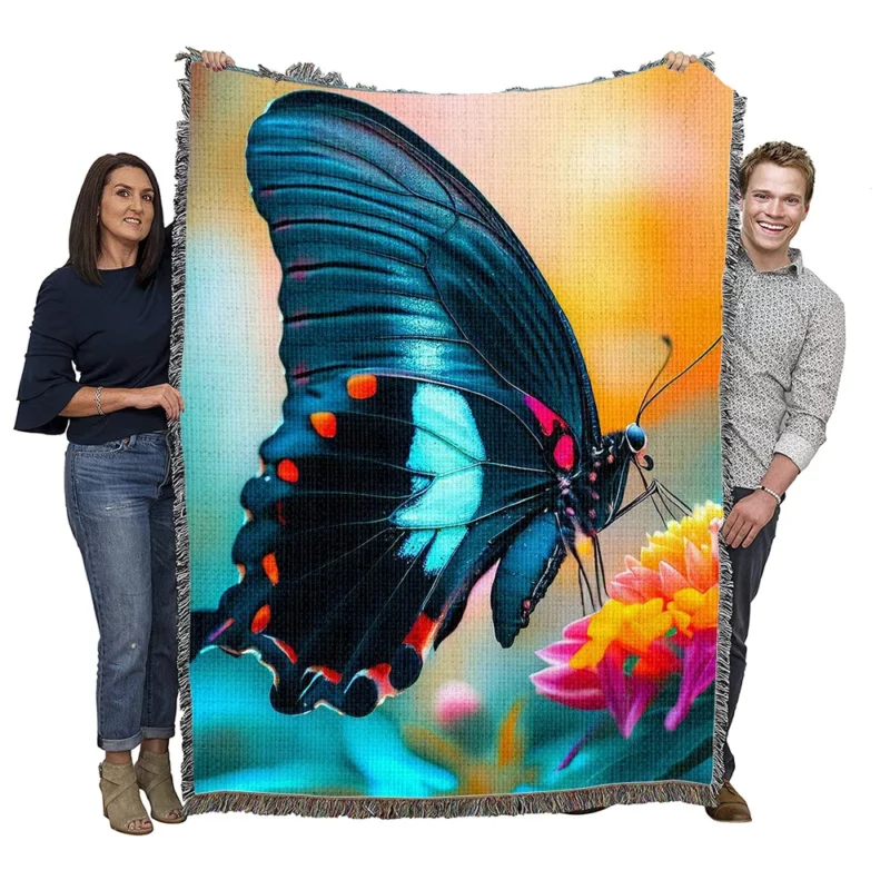 Vibrant Neon Blue Butterfly Woven Blanket