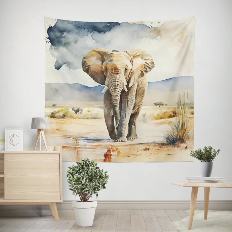 Watercolor Elephant in the Wild Wall Tapestry