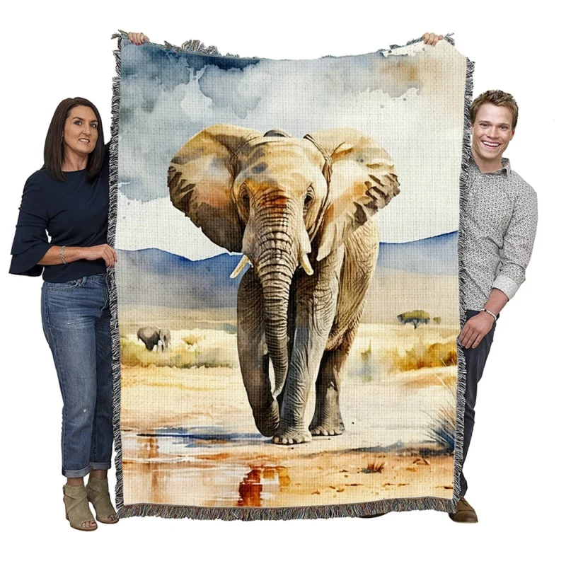 Watercolor Elephant in the Wild Woven Blanket