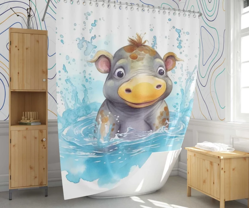 Watercolor Hippo Painting Shower Curtain 1