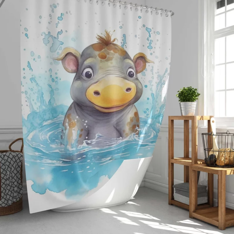 Watercolor Hippo Painting Shower Curtain