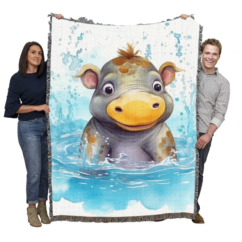 Watercolor Hippo Painting Woven Blanket