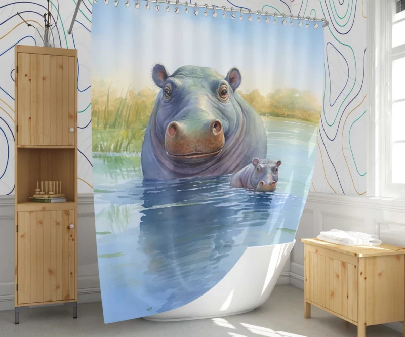Watercolor Hippos in a Pond Shower Curtain 1
