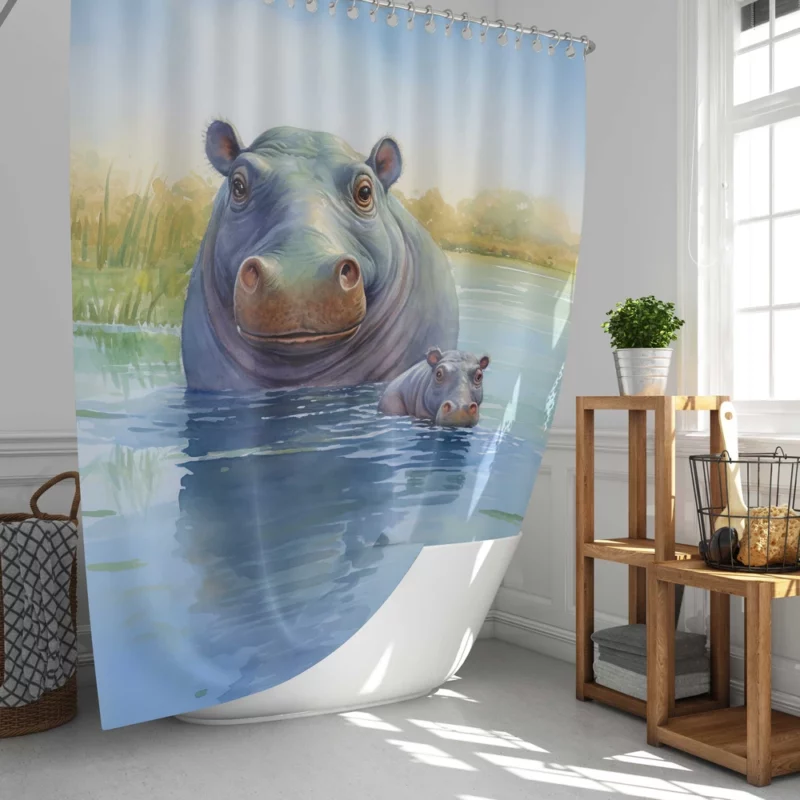 Watercolor Hippos in a Pond Shower Curtain