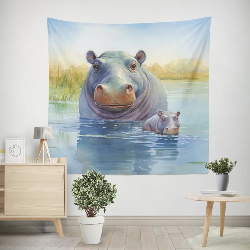 Watercolor Hippos in a Pond Wall Tapestry