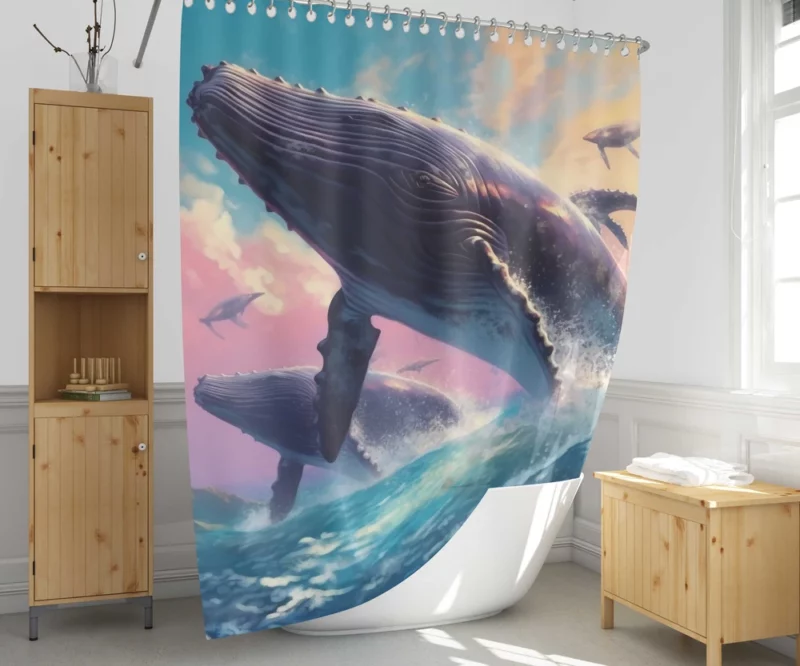 Whale Ocean Sunset Painting Shower Curtain 1
