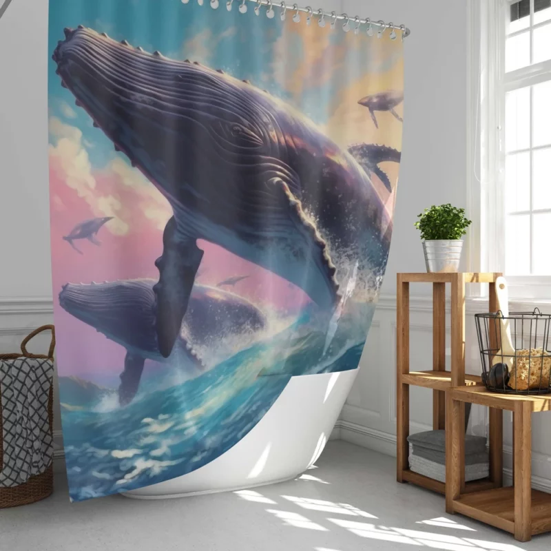 Whale Ocean Sunset Painting Shower Curtain