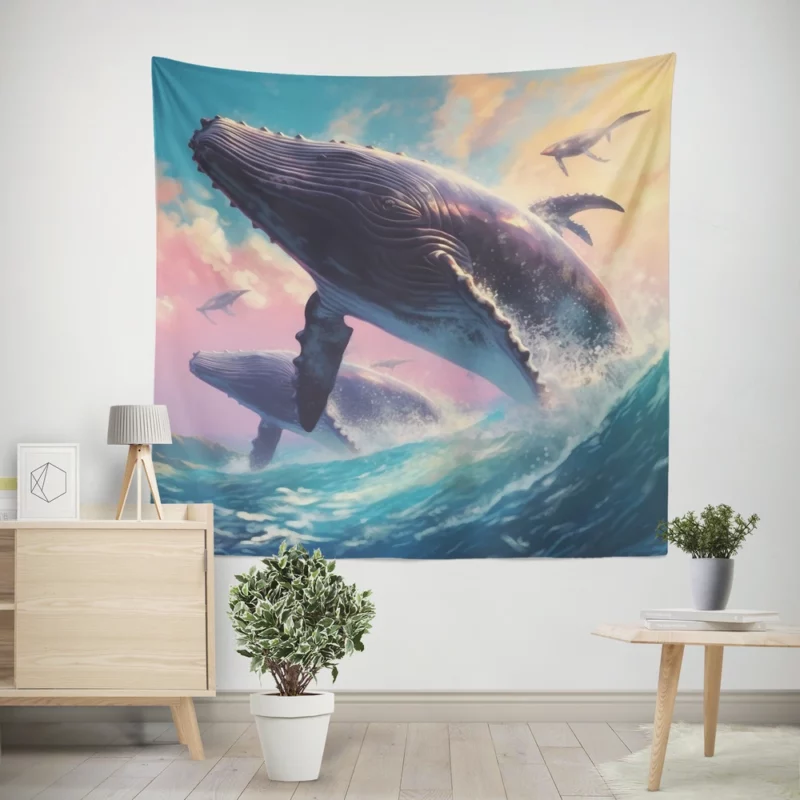 Whale Ocean Sunset Painting Wall Tapestry