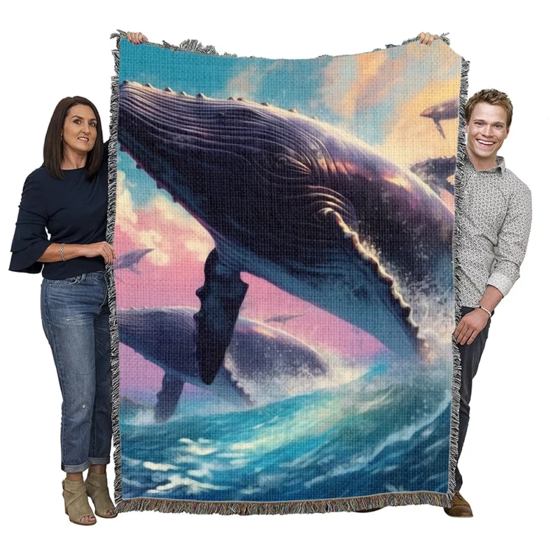 Whale Ocean Sunset Painting Woven Blanket