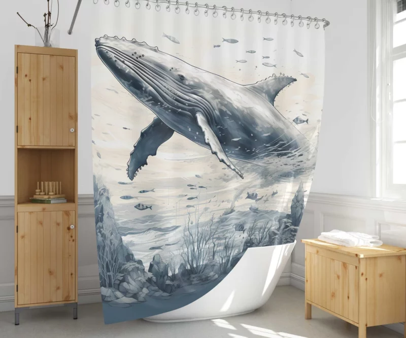 Whale in the Sea Illustration Shower Curtain 1