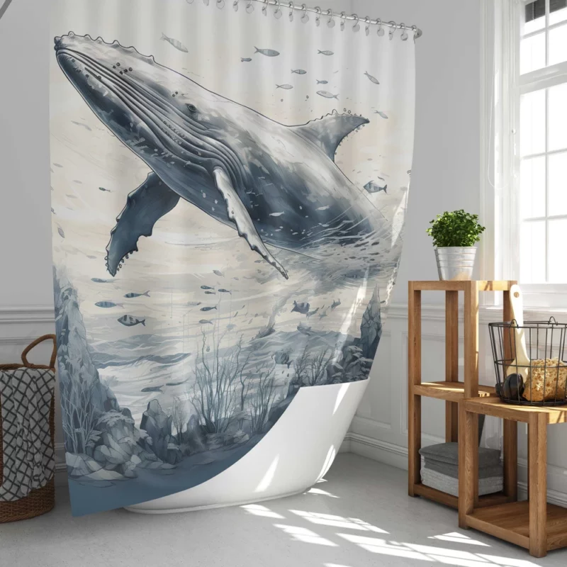 Whale in the Sea Illustration Shower Curtain